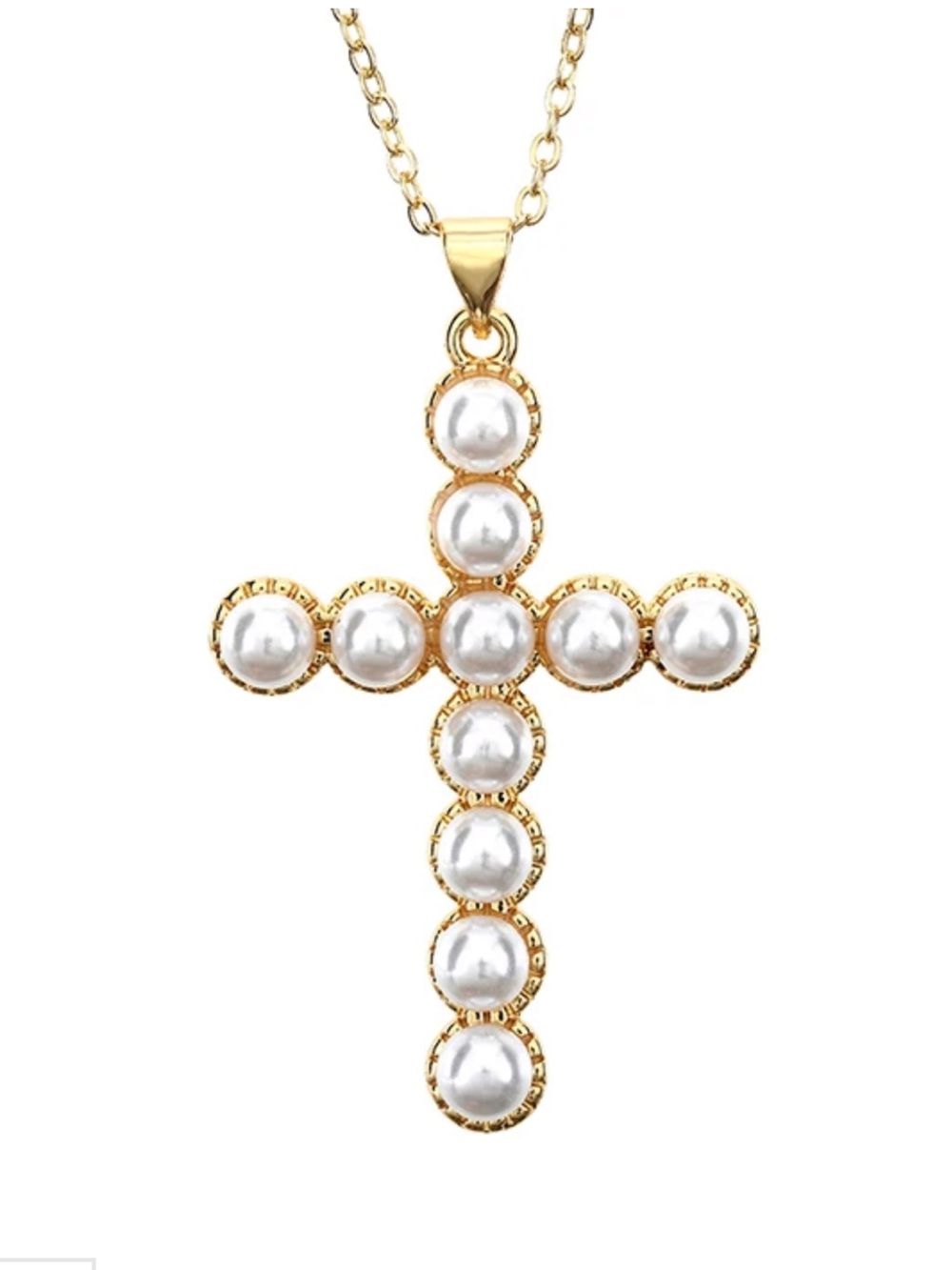 Gold Pearl Cross Pendant Necklace for Women